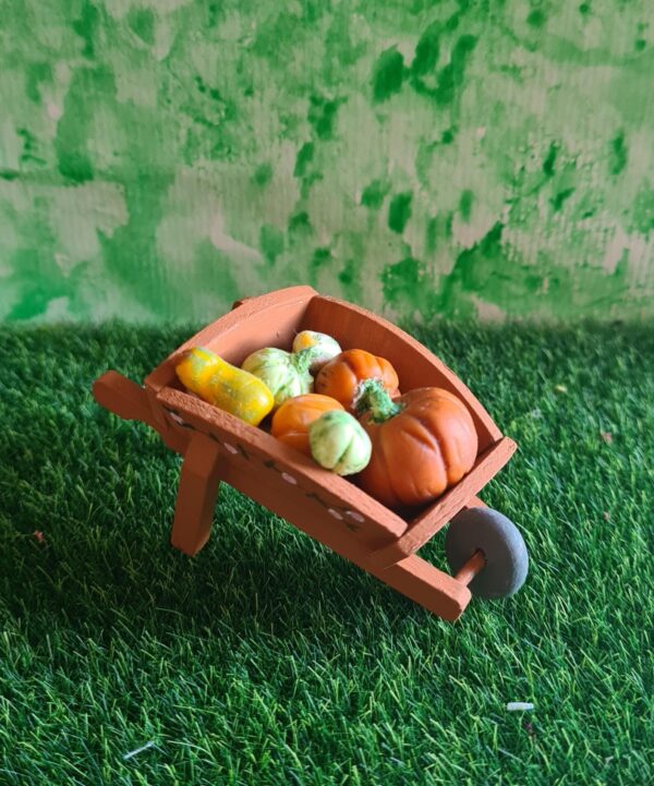 Wheelbarrow with miniature pumpkins for dollhouse, 1/12 scale
