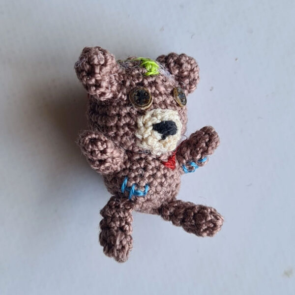 Crochet patched bear for dollhouse, 1/12 scale