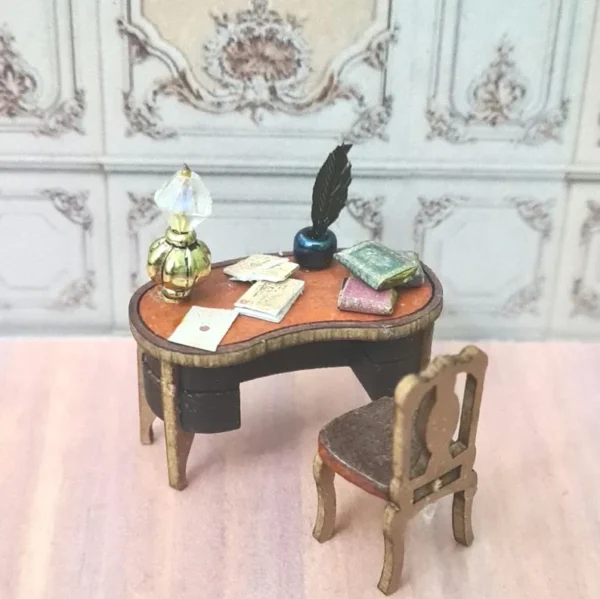 Dollhouse Edwardian style desk with chair, 1/48 scale