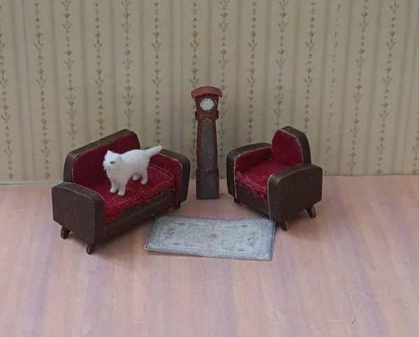 Dollhouse set sofas and clock, 1/48 scale