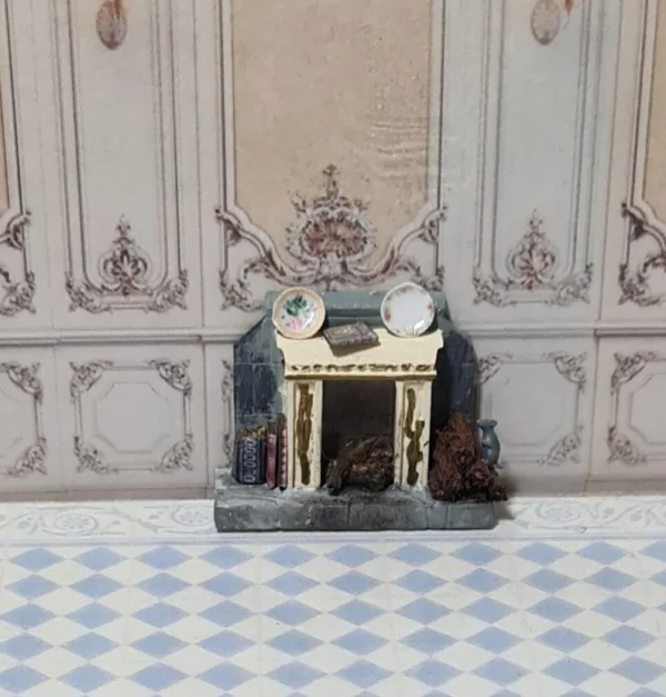 Dollhouse Miniature Decorated Fireplace with tiny mice, 1/48 scale