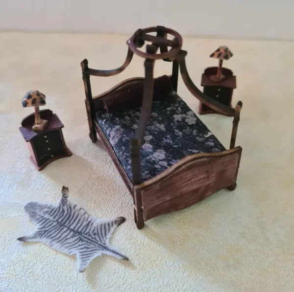 Double bed set with nightstands, lamps, and rug, 1/48 scale