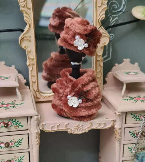 Dollhouse fur brown hat and scarf, 1/12 Scale