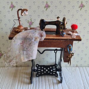 Alternative view of Vintage miniature sewing machine. Dollhouse decor. Sewing room scene. OOAK 1/12 Scale